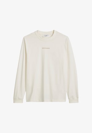 T-shirt en coton crème à manches longues avec un col ras du cou. Présente un petit logo imprimé en texte doré sur la poitrine. Texture douce, coupe droite.