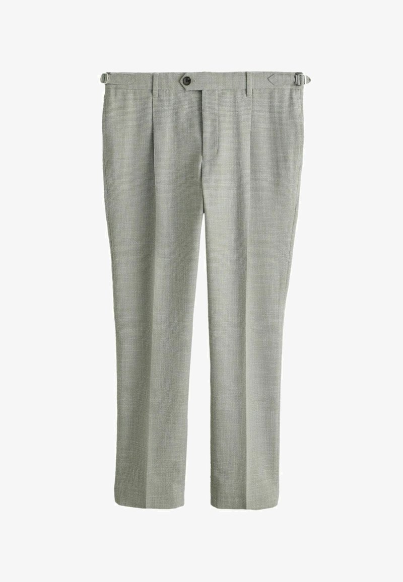 Pantalon habillé gris clair avec plis, fermeture à bouton noir, boucles d'ajustement latérales et coupe droite.