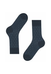 Navy blue socks featuring a patterned design on the body and solid-colored tops and heels. Made from a soft, textured material.