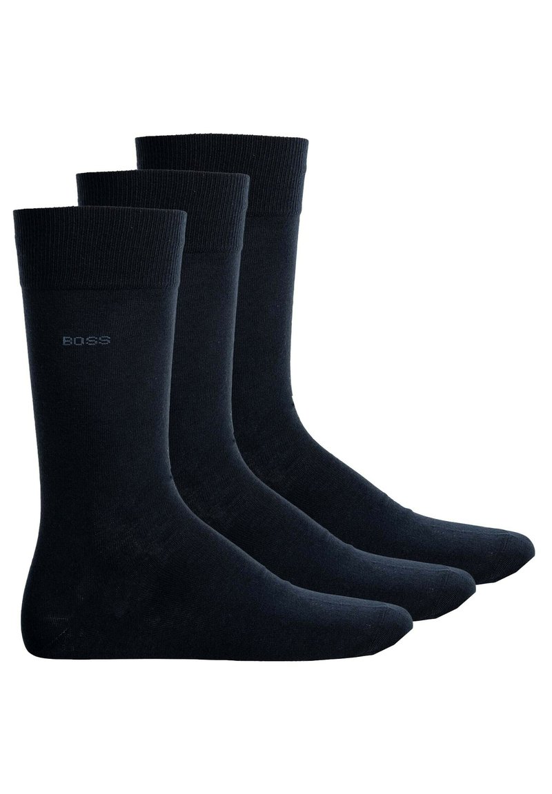 Drei Paar dunkelblaue Crew-Socken. Hergestellt aus einem glatten Stoff mit einem gerippten oberen Abschluss, versehen mit dezentem "BOSS"-Branding am Knöchel.