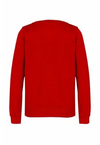 Czerwona bluza z długimi rękawami, okrągłym dekoltem oraz ściągaczami na rękawach i u dołu. Wykonana z gładkiego, grubej tkaniny. Bez widocznych grafik ani ozdób.