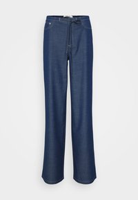 Jeans i mørkeblå med en avslappet passform, elastisk midjebånd, snøredetalj og kontrastfarget hvit søm.