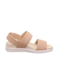 Beige Sandalen mit zwei breiten Riemen, einem gepolsterten Fußbett und einer weißen Gummisohle mit einem Zickzack-Profil.