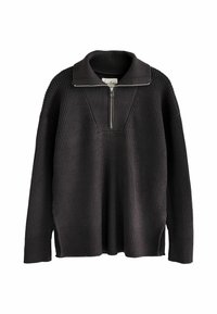 Pullover nero a coste con colletto alto e zip a metà. Presenta un design texturizzato e maniche ampie, offrendo una vestibilità ampia.