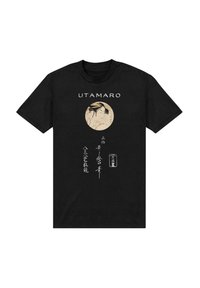 Černé tričko s textem "UTAMARO" nad kulatým vintage portrétem ženy v tradičním japonském stylu a vertikální japonskou kaligrafií pod ním.