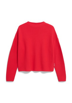 Maglione rosso con scollo rotondo, texture a coste e cuciture delle spalle scese. Lunghezza corta con orlo dritto e minimal branding.