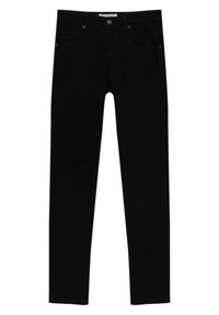 Pantalones vaqueros de mezclilla negra con un ajuste slim, con cintura estándar, cinco bolsillos y detalles metálicos en el cierre frontal y los bolsillos.