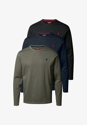 Three long-sleeve t-shirts in olive green, navy, and black. Each features a round neckline and a small logo on the chest. Cotton material.