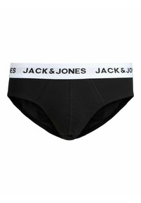 Caleçons noirs pour hommes avec ceinture élastique blanche portant la marque "JACK & JONES" en lettres majuscules noires, présentés sur un fond blanc.