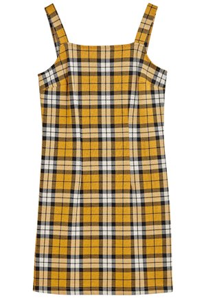 Mouwloze jurk tot op de knie met een vierkante halslijn, uitgevoerd in een geel, zwart, beige en wit ruitpatroon.