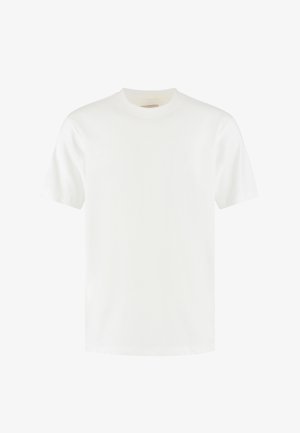 Maglietta a maniche corte in cotone bianco semplice con scollo rotondo e vestibilità regolare, mostrata su uno sfondo bianco.