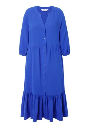 Modrá šaty s button-up designem vyrobené z texturované látky, s nařaseným volánem na spodním lemu a rukávy tříčtvrteční délky.