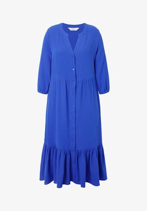 Blaues Hemdkleid aus strukturiertem Stoff mit einem gerafften Rüschensaum und drei Viertel langen Ärmeln.