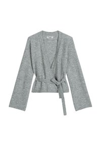 Szary dzianinowy kardigan na zakładkę z długimi rękawami, dekoltem w serek i paskiem do wiązania w talii, wykonany z miękkiej i fakturowanej tkaniny.