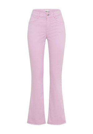 Women’s light purple flared jeans with front button and pockets, featuring a subtle frayed hem.