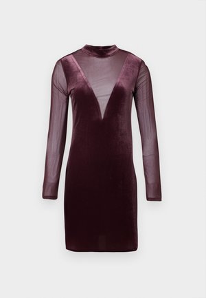 Burgundy dress with a sheer V-neck and long mesh sleeves. Made of velvet material, featuring a fitted design and smooth texture.