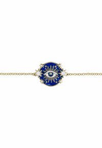 Bracciale in oro con un ciondolo circolare blu che presenta un occhio bianco circondato da stelle e raggi.
