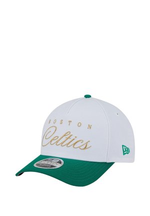 Baseball cap featuring a white crown, green visor, and gold embroidered "Boston Celtics" text on the front. New Era logo on the side.