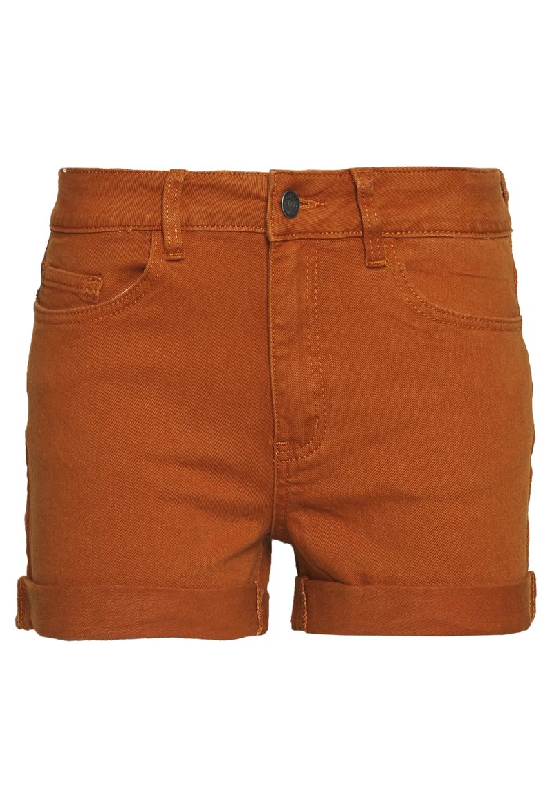Shorts de mezclilla color óxido con botón frontal, trabillas para cinturón, pequeños bolsillos frontales y dobladillos enrollados.