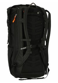 Black backpack with multiple straps, a padded back, and orange accent. Features a streamlined design and ventilated sections for airflow.