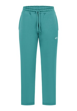 Pantaloni felpa blu chiaro in misto cotone con vita elastica, cordoncino e gamba affusolata. Presenta un piccolo logo sulla coscia sinistra.