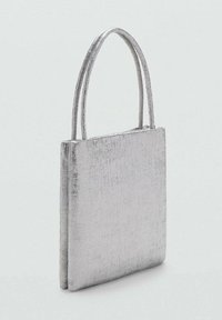 Silver metallic handbag with a smooth texture, rectangular shape, and two slim handles. Minimalist design with no extra accents.
