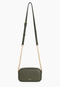 Borsa a tracolla rettangolare verde oliva con catena dorata e tracolla in pelle regolabile, piccolo logo dorato "GAUDÌ" sul davanti.