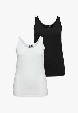 Zestaw dwóch koszulek na ramiączkach w kolorze czarnym i białym. Miękka bawełniana tkanina, okrągły dekolt i dopasowany krój bez widocznych wzorów czy ozdób.
