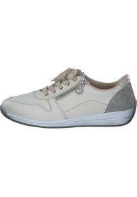 Light beige leather sneaker with gray accents, featuring a zipper and lace closure. Textured sole for grip, streamlined design.