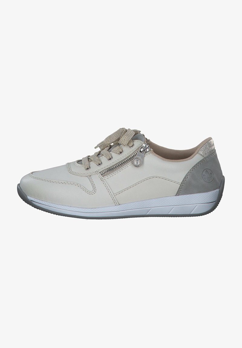 Light beige leather sneaker with gray accents, featuring a zipper and lace closure. Textured sole for grip, streamlined design.