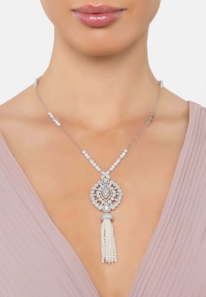 Silver necklace featuring an ornate central pendant with diamonds and a pearl tassel, set on a delicate chain with small decorative accents.