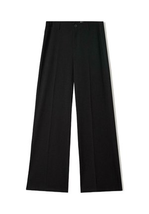 Black, wide-leg trousers with a smooth texture, featuring front pleats and a button closure. Designed for a relaxed fit and formal look.