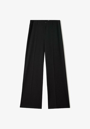 Black, wide-leg trousers with a smooth texture, featuring front pleats and a button closure. Designed for a relaxed fit and formal look.