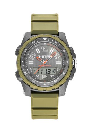 Green rubber strap watch with gray dial, white numbers, orange hands, digital time display, and black-gray rugged bezel showing water resistance.