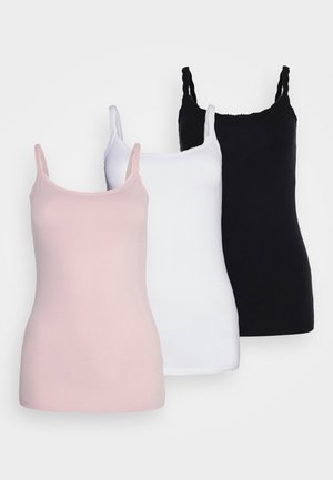 Three sleeveless camisoles in pink, white, and black. Made from soft fabric with scalloped edges on the straps.