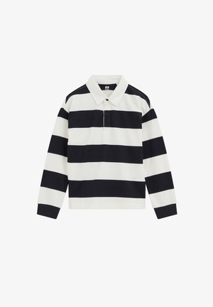 Maillot de rugby à manches longues avec des rayures horizontales noires et blanches et un col blanc, posé à plat sur un fond blanc.