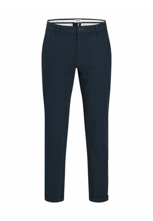 Pantalones chinos azul marino de corte ajustado, confeccionados en mezcla de algodón, con cremallera, cierre con botón marrón y dobladillo enrollado.