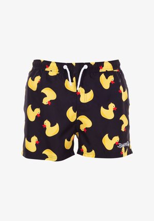 Shorts de bain noirs avec un motif répétitif de canards en caoutchouc jaunes avec des becs rouges, une taille élastique et des accents de cordon blanc.