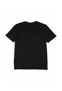 Schwarzes Baumwoll-T-Shirt, Rundhalsausschnitt, kurze Ärmel, normale Passform. Glatte Textur, minimalistisches Design, ohne sichtbare Logos oder Muster.