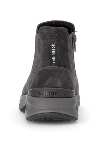 Des bottines en daim noir présentent une fermeture éclair à l'arrière, un col rembourré et une semelle en caoutchouc texturée avec la marque 'rollingsoft'.