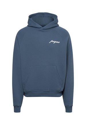 Blauwe hoodie van zachte stof, voorzien van een kangoeroezak, geribbelde manchetten en een klein wit logo op de borst. Eenvoudige, comfortabele pasvorm.