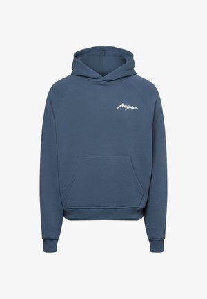 Blauwe hoodie van zachte stof, voorzien van een kangoeroezak, geribbelde manchetten en een klein wit logo op de borst. Eenvoudige, comfortabele pasvorm.