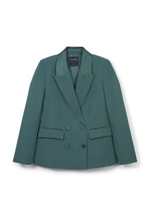 Blazer doppiopetto in tessuto verde scuro, con rever in satin, due tasche frontali e una tasca sul petto. Vestibilità sartoriale.