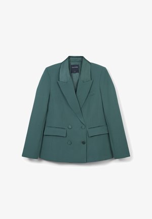 Double-breasted blazer in dark green fabric, featuring a satin lapel, two front pockets, and a single chest pocket. Tailored fit.