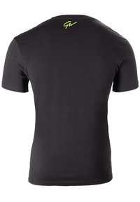 Zwart T-shirt met korte mouwen, gemaakt van katoen met een gladde textuur. Bevat een neon groene logo op de bovenrug. Eenvoudig, klassiek ontwerp.