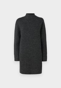 Vestido de malha cinza escuro com gola alta, mangas longas e um corte descontraído. Textura suave com um acabamento liso, sem padrões visíveis.