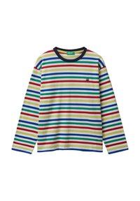 Triko s dlouhým rukávem a kulatým výstřihem s vodorovnými pruhy v červené, zelené, modré a žluté barvě, s malým černým logem na levé části hrudi.