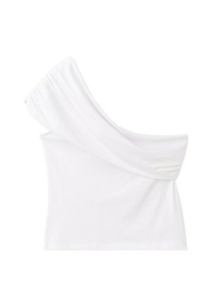 Biely asymetrický top bez rukávov s širokým závesným ramienkom a priliehavým strihom.