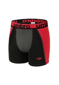 Boxer-briefs noirs et rouges en tissu extensible. Présentent un panneau en maille à l'avant et une ceinture élastique avec logo. Texture lisse.