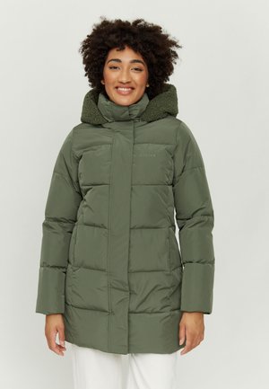 Green puffer coat with a plush hood, featuring a quilted design, front zipper closure, and logo detailing on the chest.